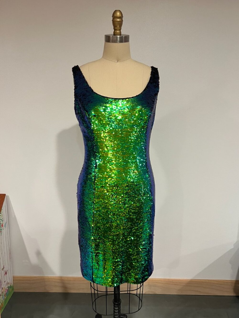 MILLY Anna Reversible Sequin Mini Dress Blue Green Black Size 4